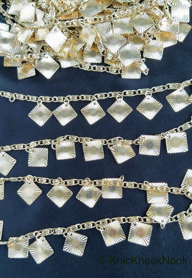 Gold Chain Metal Trim, Metallic Chain with Gold Shimmer Square Charms, Beaded Bohemian trim